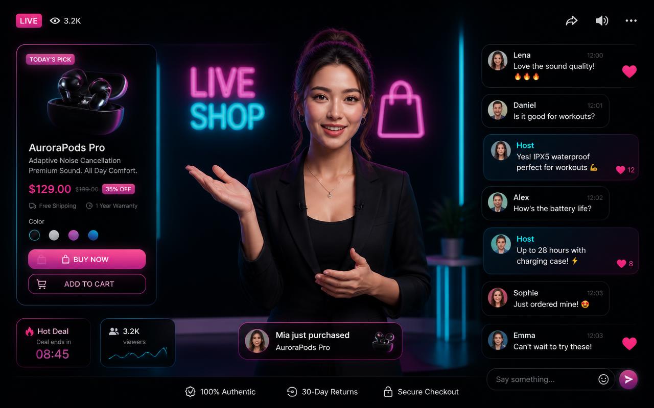 Synthetic AI presenter on a live-selling stage with a product card and real-time viewer chat